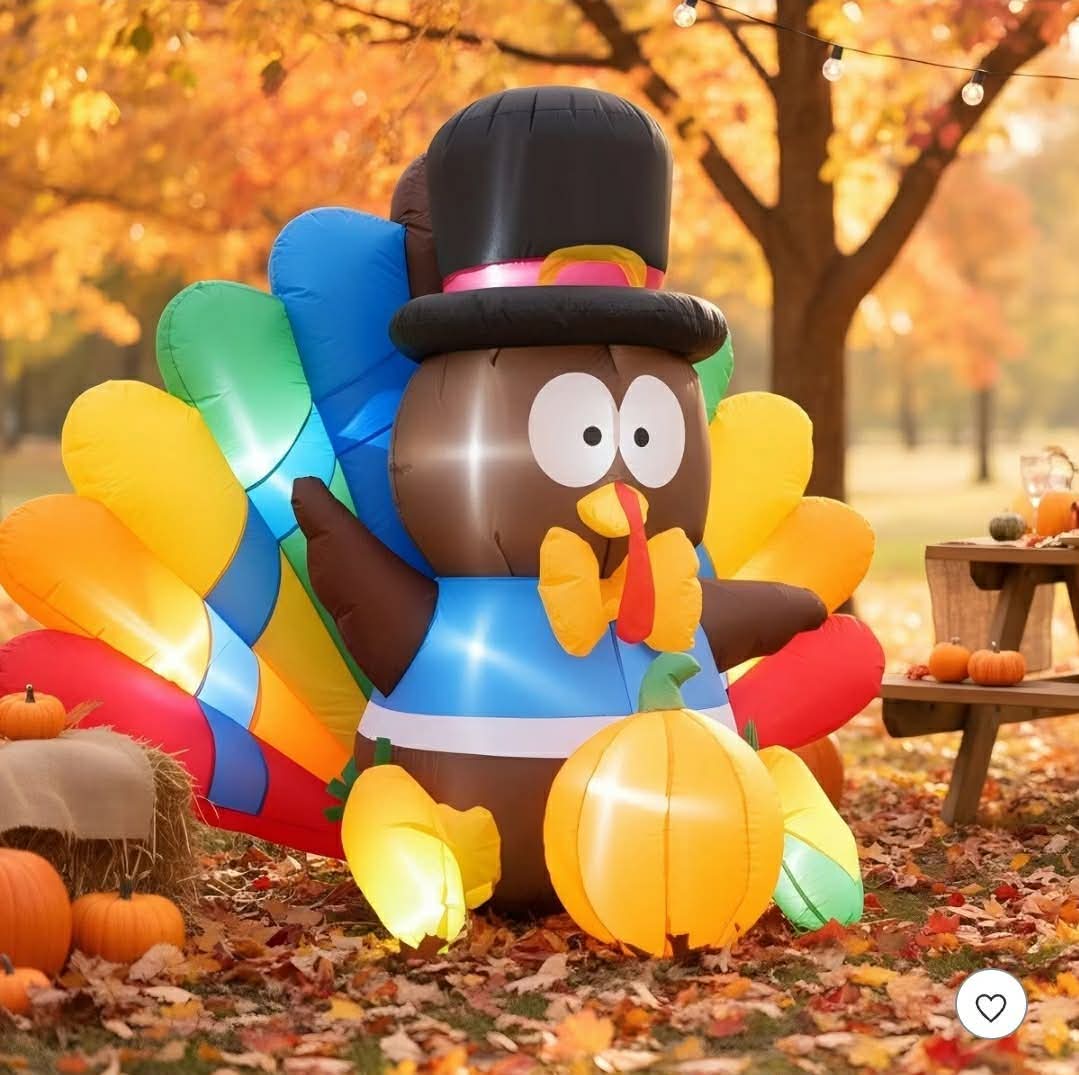 6FT Thanksgiving Inflatables Turkey Decorations with Hat & Colorful Tail, Built-in LED Lights Blow up Turkey Inflatable Fall Holiday - Image 7