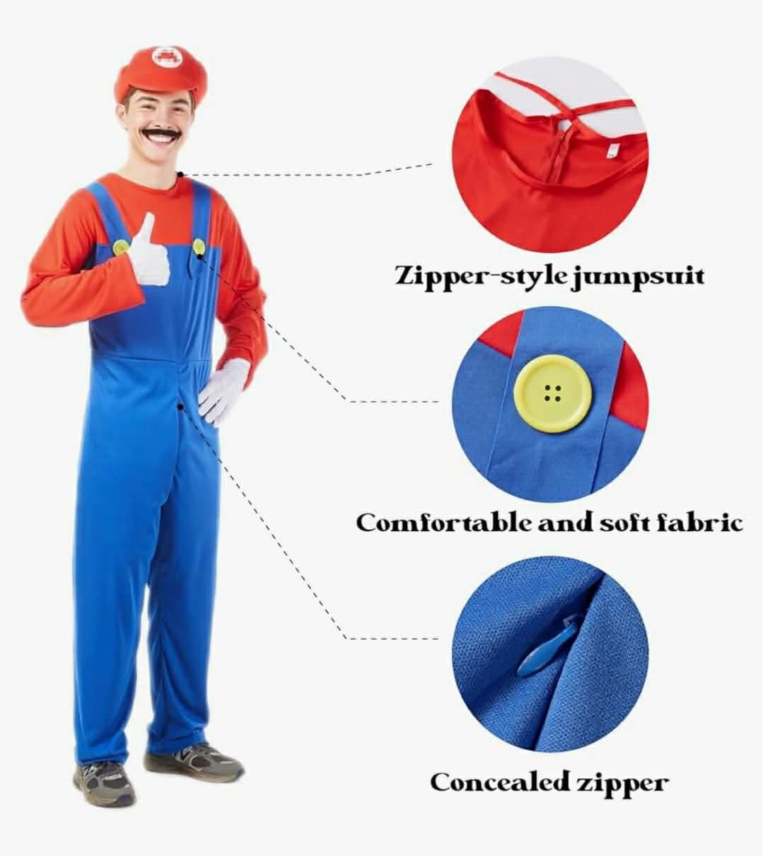 Plumber Jumpsuit Cosplay Costume with Hat Gloves Moustache Accessories Set, Small- Mario - Image 5