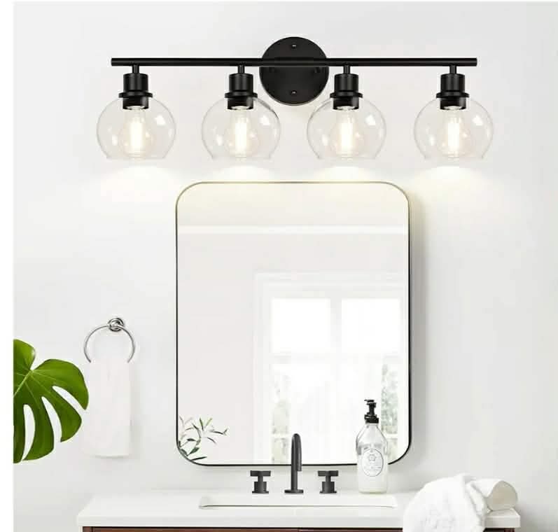 4-Light Bathroom Light Fixtures, Black Bathroom Lights Over Mirror with Clear Glass Globe Shade - Image 12