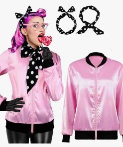 1950s Pink Satin Jacket with Polka Dot Scarf Headband Earrings Glasses Halloween Cosplay Costume for Women, 5 Pieces, XL