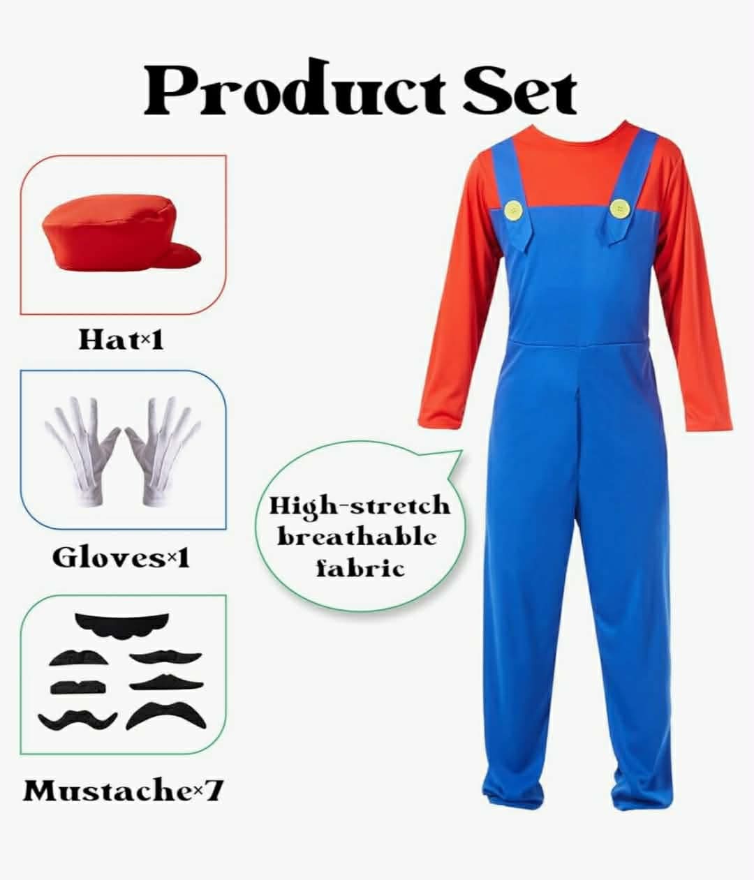 Plumber Jumpsuit Cosplay Costume with Hat Gloves Moustache Accessories Set, Small- Mario - Image 6