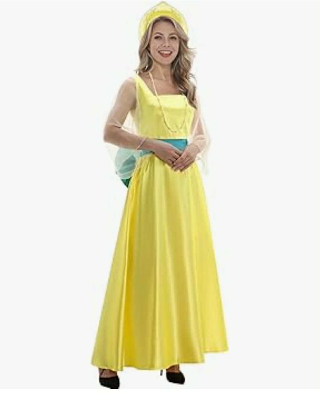 Women Princess Dress Long Sleeve Yellow Gown Necklace Headwear Halloween Cosplay Costume Outfit, Medium - Image 9