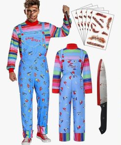 Chucky Costume for Men Women Long Sleeve Overalls Prop Knife Toy Scar Tattoos, Medium 