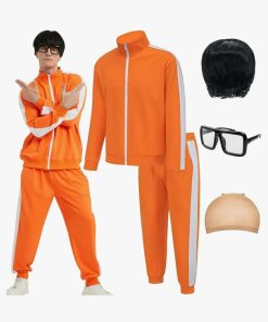 Adult Halloween Costumes for Men, Family Orange Zip-Up Tracksuit with Black Wig Cap & Glasses, XL