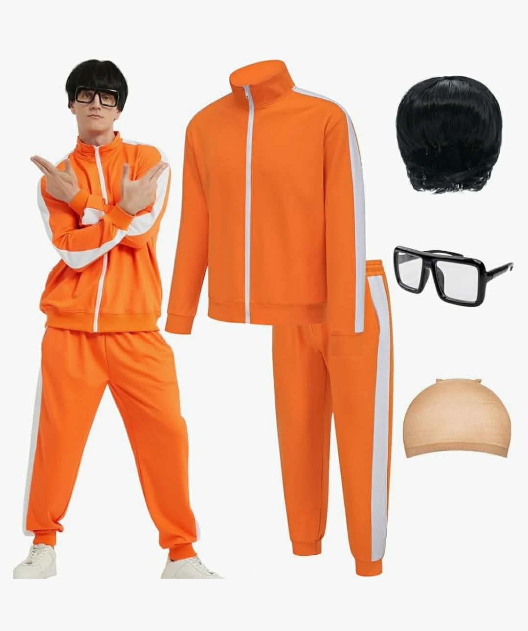 Adult Halloween Costumes for Men, Family Orange Zip-Up Tracksuit with Black Wig Cap & Glasses, XL