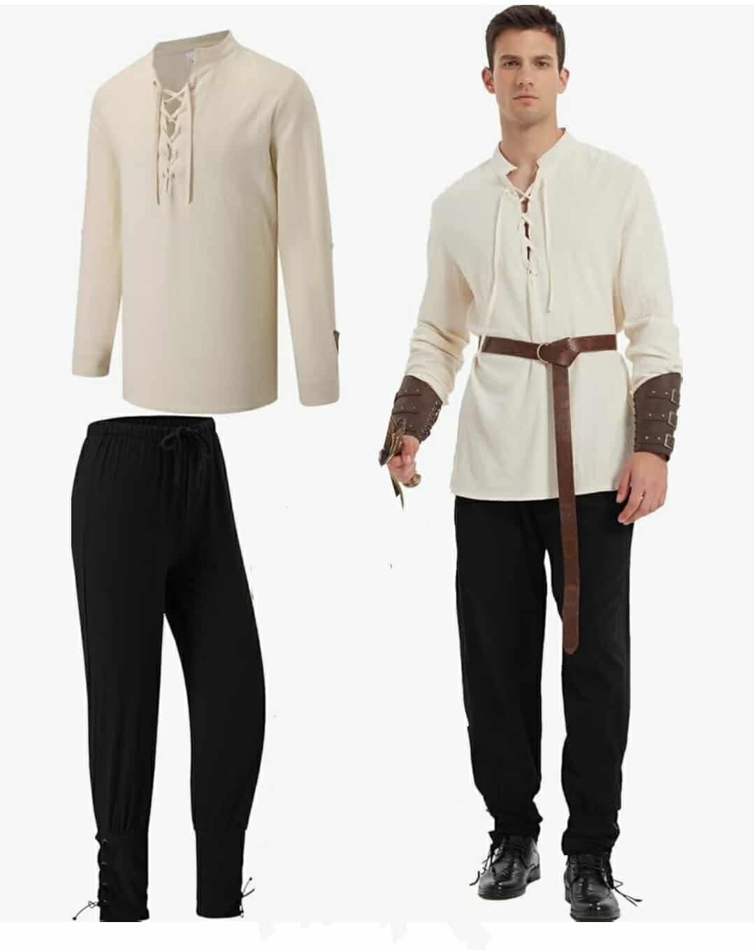 Medieval Pirate Shirt and Pants Viking Costume Accessory Set, 2XL