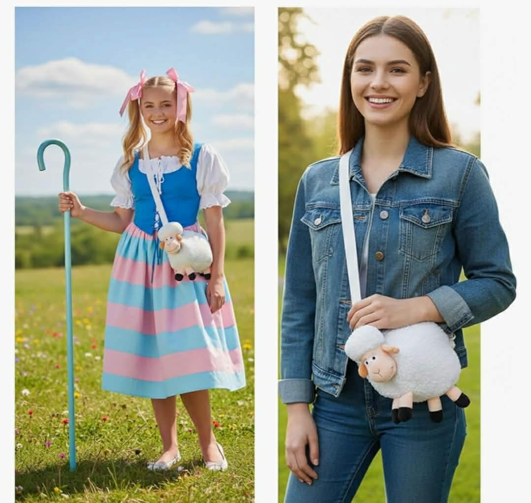 Shepherdess Costume Set with White Bonnet, Plush Sheep Bag, Shepherd's Crook (Bonnet+Sheep Bag+Sheephook) - Image 5