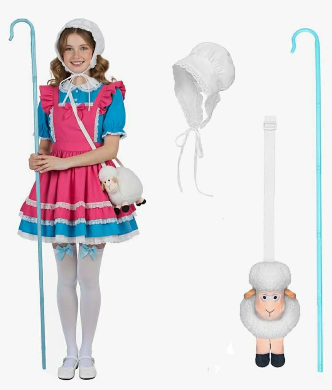 Shepherdess Costume Set with White Bonnet, Plush Sheep Bag, Shepherd's Crook (Bonnet+Sheep Bag+Sheephook)