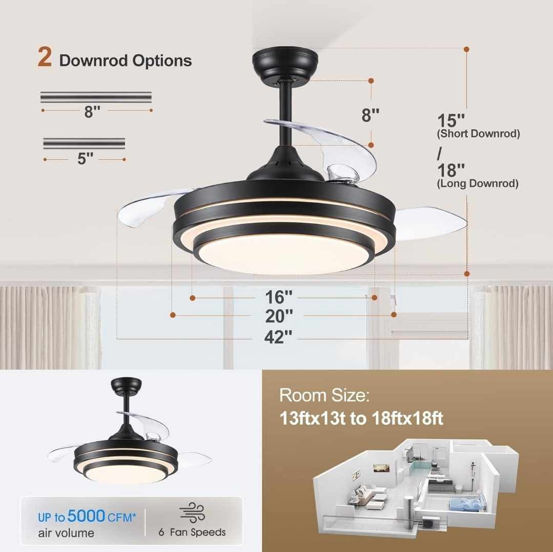 Retractable Ceiling Fan with Lights Remote Control, 42 Inch Black Ceiling Fan - Image 13