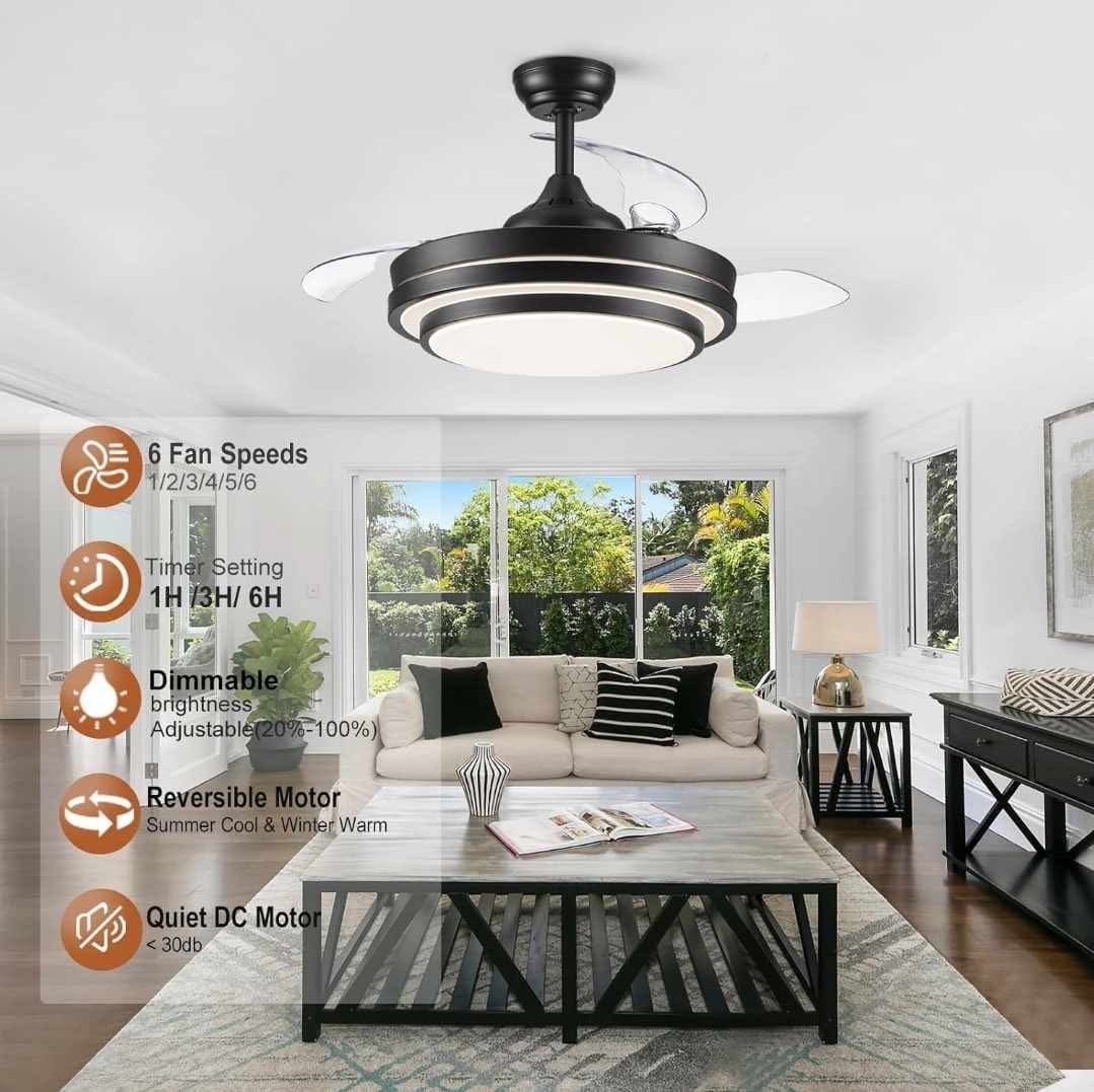 Retractable Ceiling Fan with Lights Remote Control, 42 Inch Black Ceiling Fan - Image 9