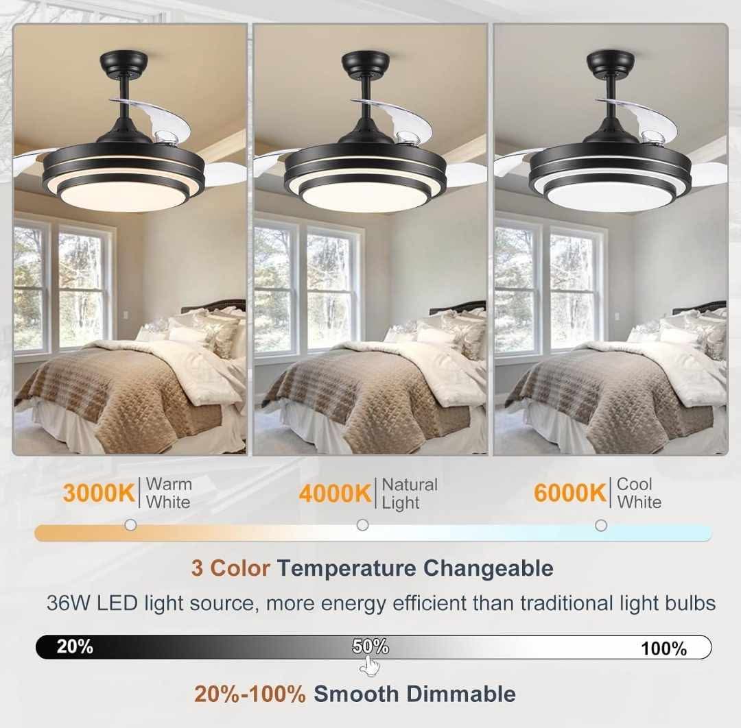 Retractable Ceiling Fan with Lights Remote Control, 42 Inch Black Ceiling Fan - Image 8