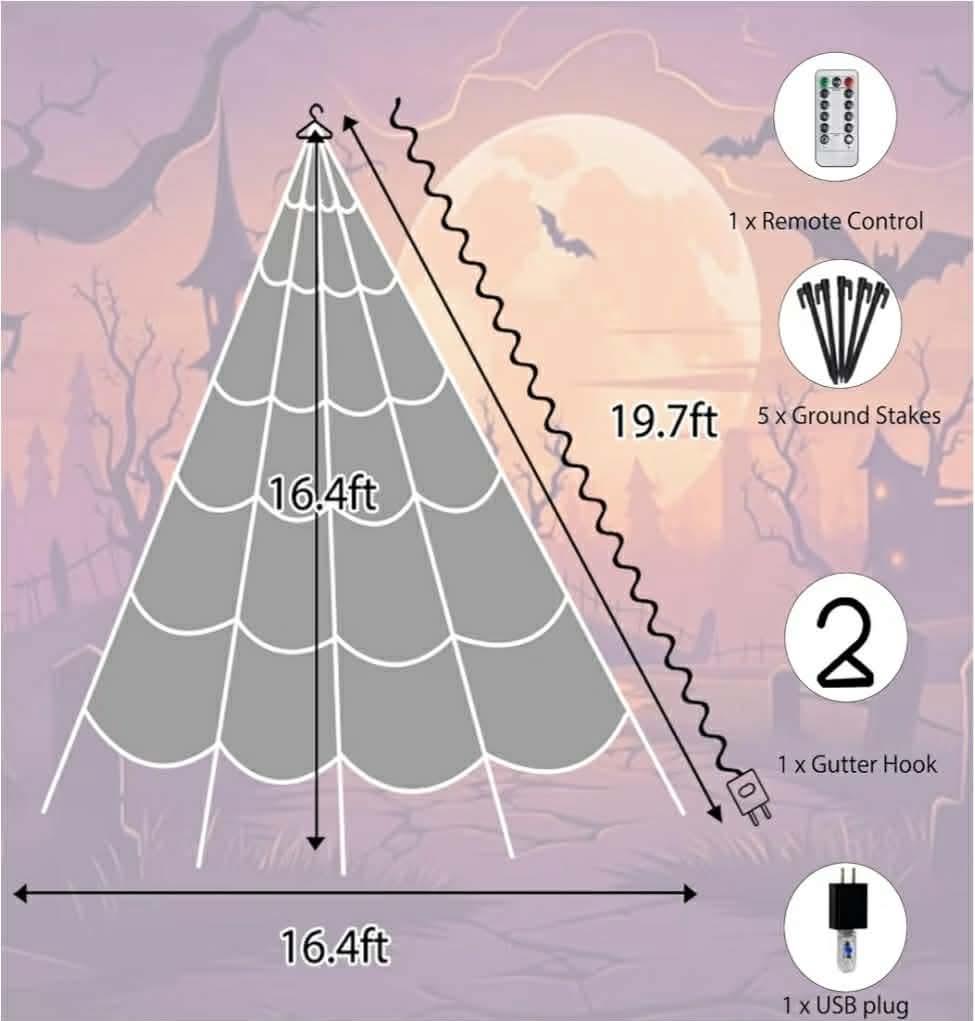 Halloween Decorations Outdoor, Spider Web Lights 250 LED Lighted Spider Web 16.4Ft Giant Halloween Decorations - Image 3