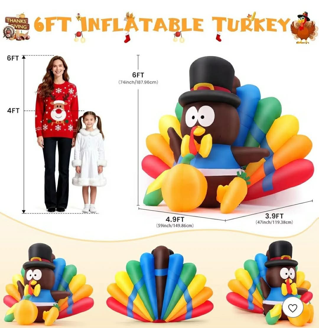 6FT Thanksgiving Inflatables Turkey Decorations with Hat & Colorful Tail, Built-in LED Lights Blow up Turkey Inflatable Fall Holiday - Image 4