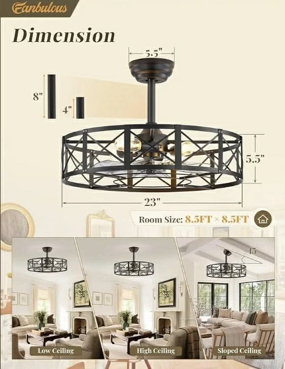 23 Inch Fandelier Caged Ceiling Fans with Lights and Remote, Black Bladeless Ceiling Fan with 6 Speeds and Timing - Image 5