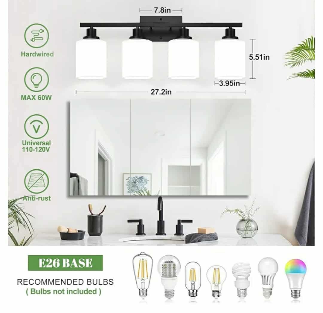 4-Light Bathroom Light Fixtures, Vanity Light with Milky White Shades, Matte Black - Image 8