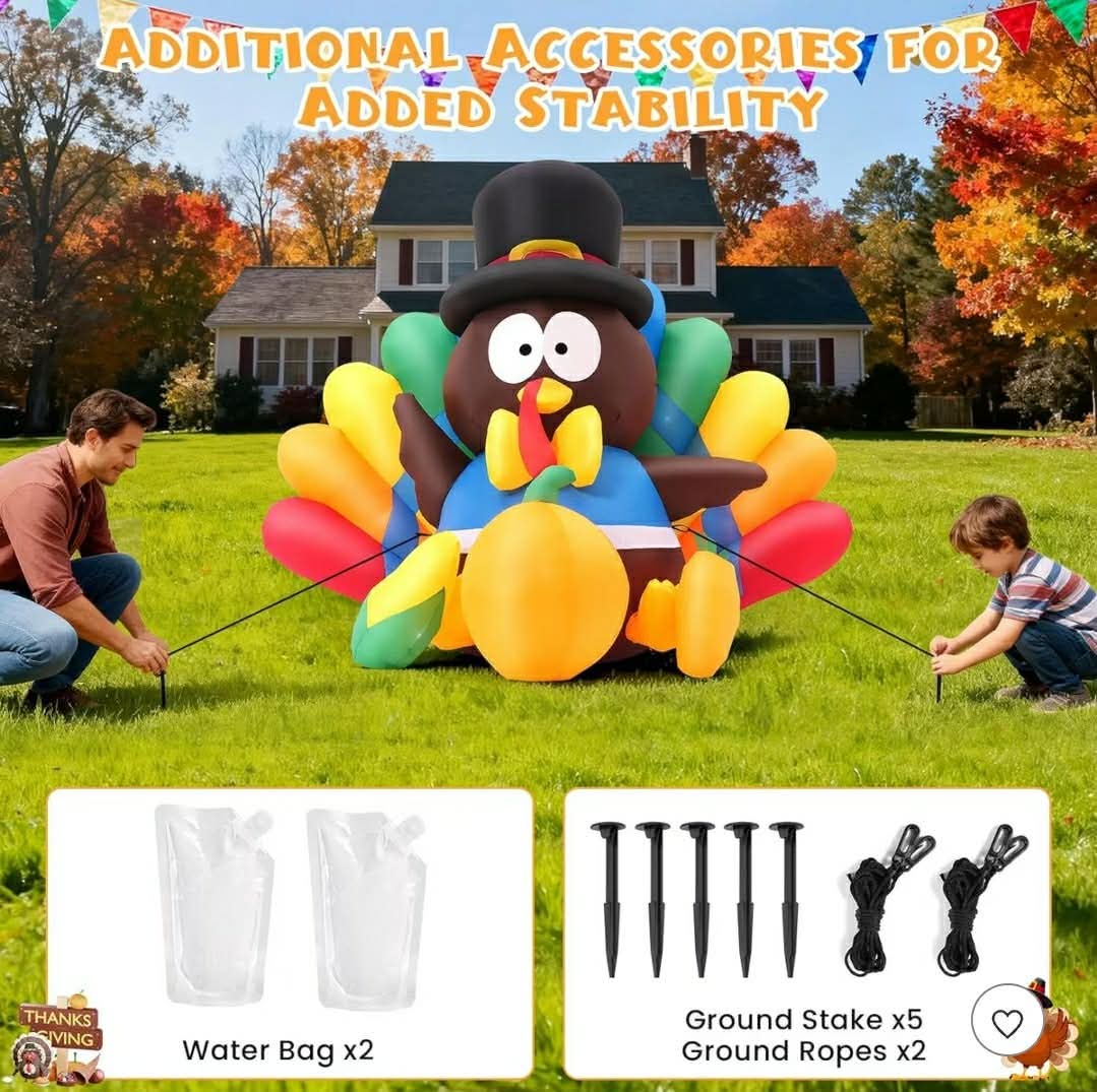 6FT Thanksgiving Inflatables Turkey Decorations with Hat & Colorful Tail, Built-in LED Lights Blow up Turkey Inflatable Fall Holiday - Image 6