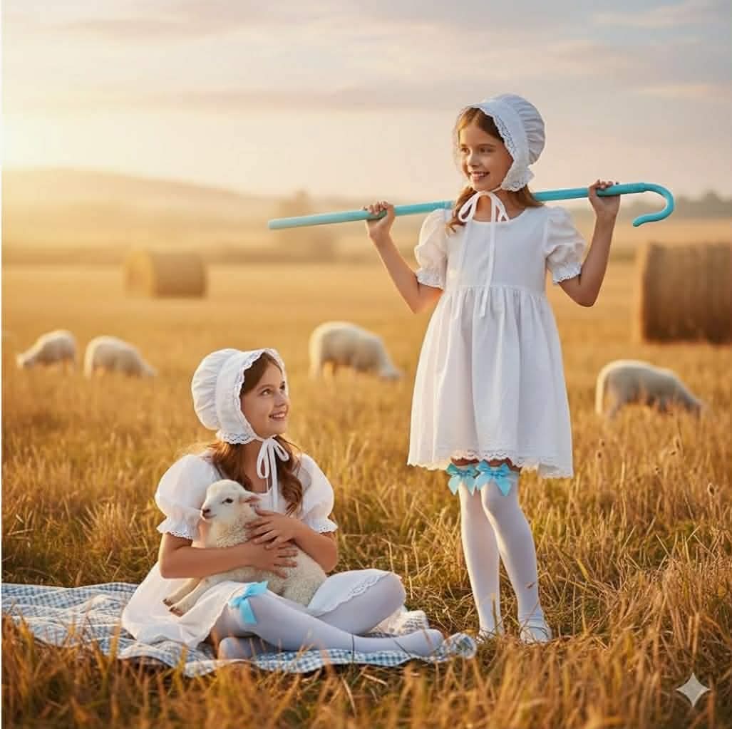Shepherdess Costume Set with White Bonnet, Plush Sheep Bag, Shepherd's Crook (Bonnet+Sheep Bag+Sheephook) - Image 4