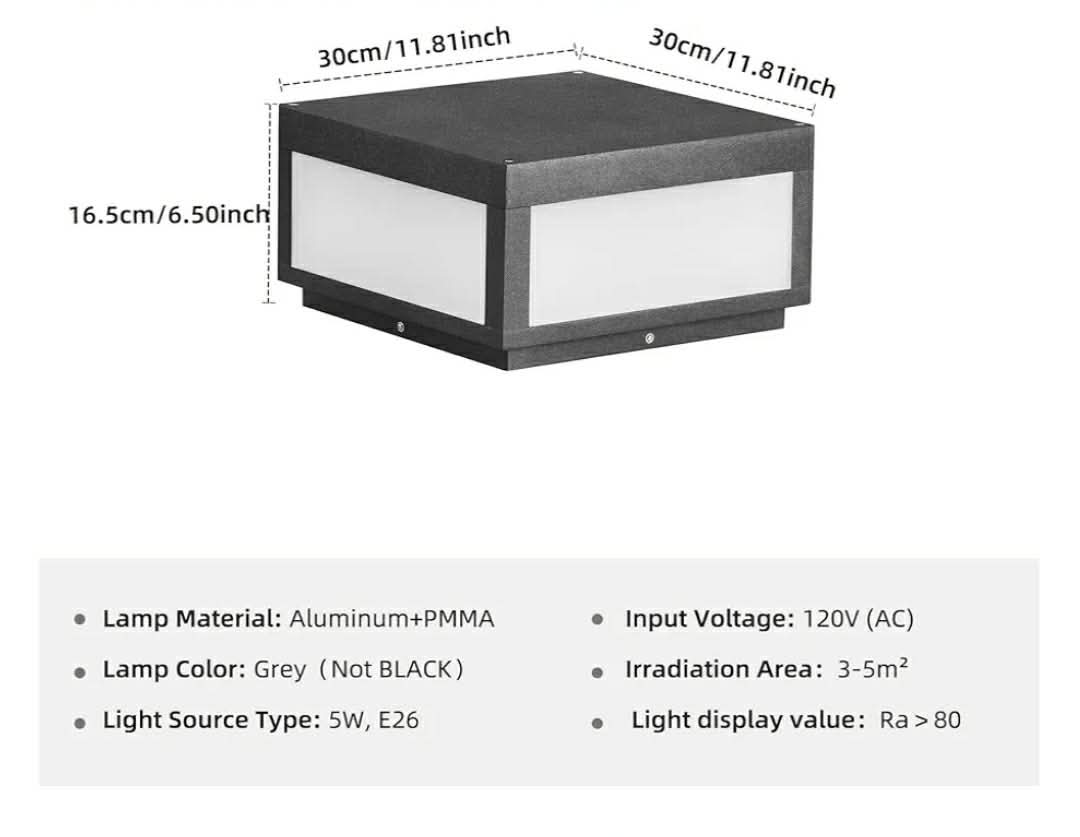 Outdoor Modern Post Light, 11.8" Hard Wired Column Caps Lamp Grey Square Post - Image 9