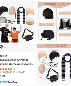 Alternative view of Halloween Criminal Couple Costume Accessories Include Short Mushroom Wig Inflatable Fake Belly Black Fanny Pack Square Glasses Gray Striped Scarf Bald Cap for Halloween Party Cosplay