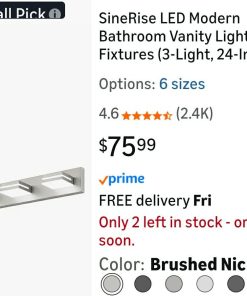 Alternative view of LED Modern Bathroom Vanity Light Fixtures (3-Light, 24-Inch, Dimmable), Brushed Nickel