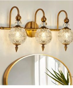 Vintage Bathroom Lights Fixtures Gold Vanity Light with Glass Globe LampShade 3 Light Mid Century