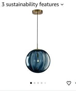 Lighting Vintage Gold Large 9.8” Blue Ribbed Glass Globe Pendant Light