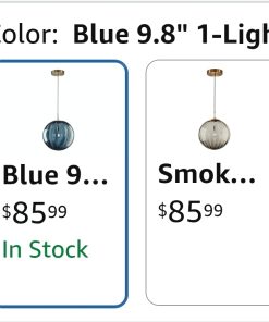 Alternative view of Lighting Vintage Gold Large 9.8” Blue Ribbed Glass Globe Pendant Light
