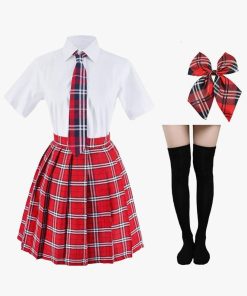 Japanese Tartan Pleated School Uniform Cosplay Costumes with Socks Set, XL
