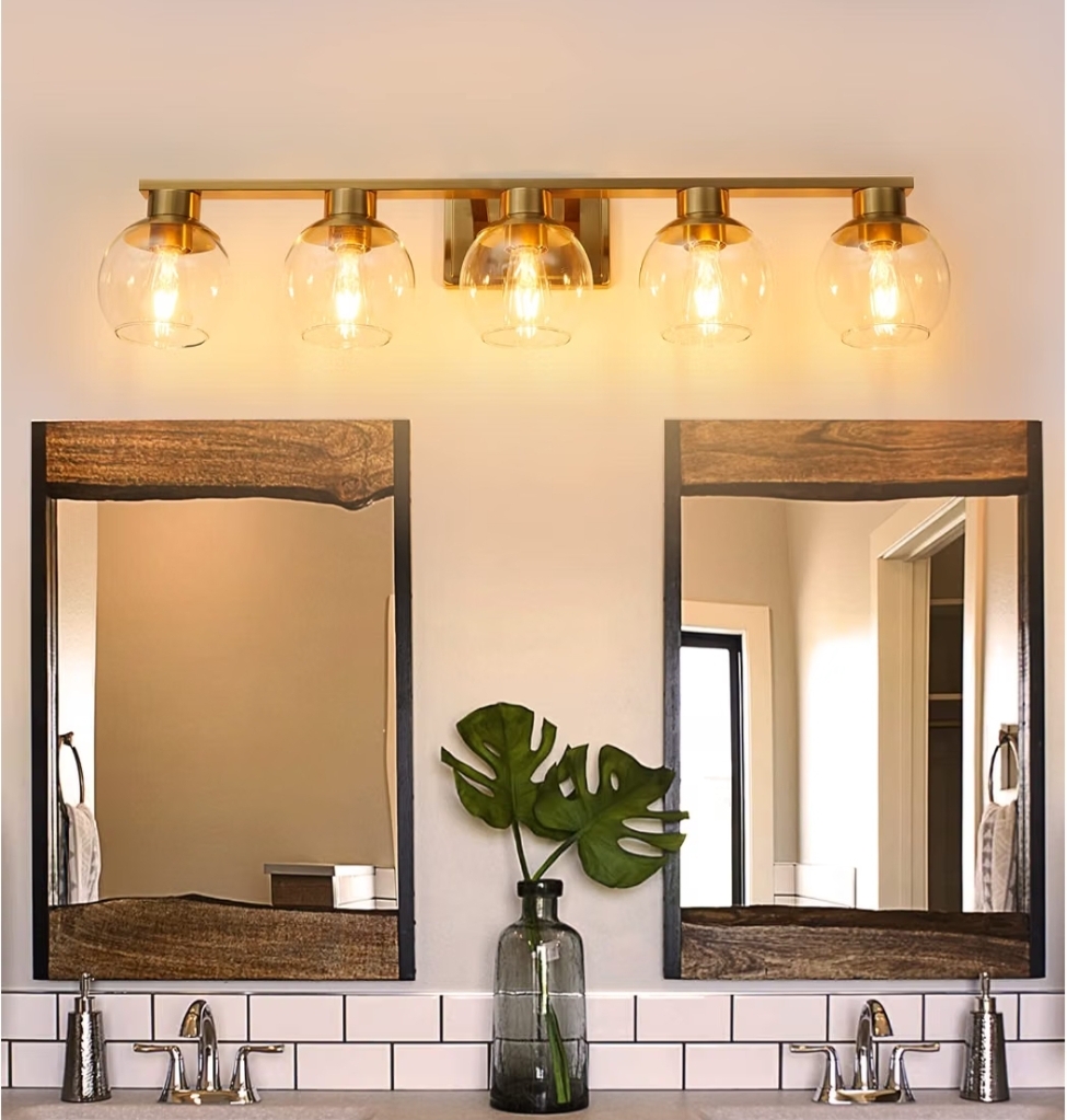 Brushed Brass Bathroom Light Fixtures Over Mirror 5-Lights Vanity Light Wall Sconce with Globe Glass Shade, Brushed Gold - Image 13