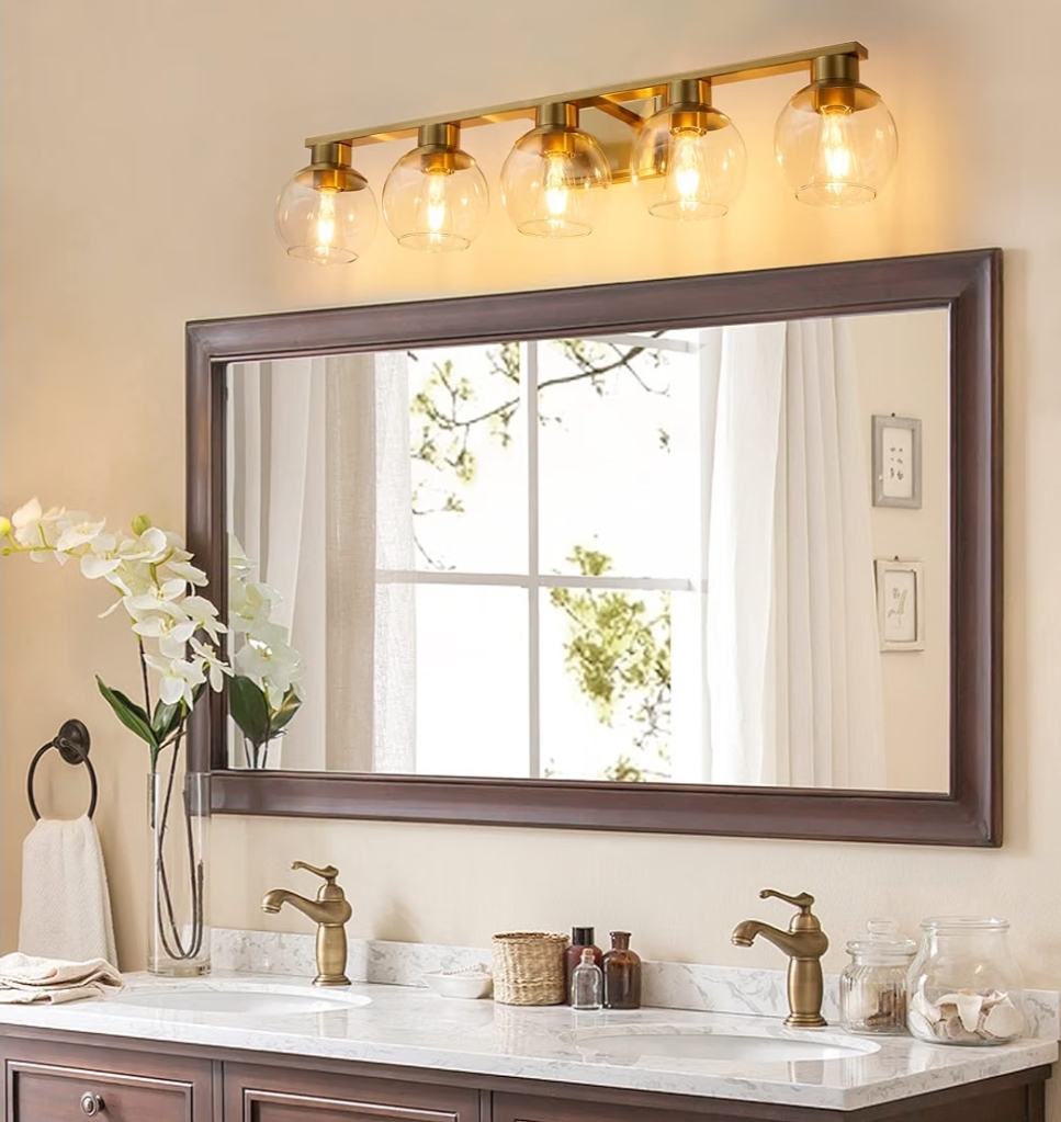 Brushed Brass Bathroom Light Fixtures Over Mirror 5-Lights Vanity Light Wall Sconce with Globe Glass Shade, Brushed Gold - Image 14
