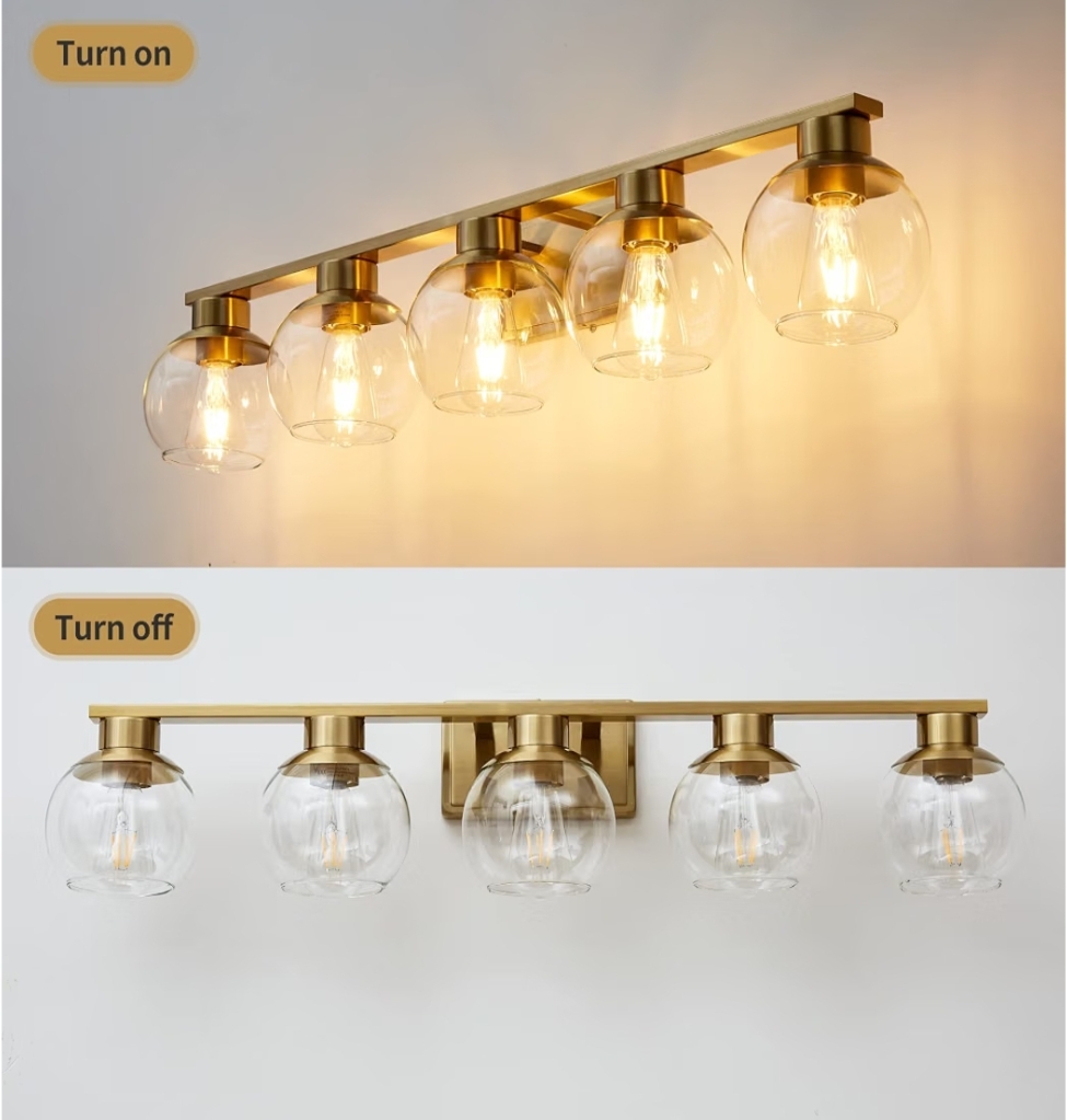 Brushed Brass Bathroom Light Fixtures Over Mirror 5-Lights Vanity Light Wall Sconce with Globe Glass Shade, Brushed Gold - Image 15