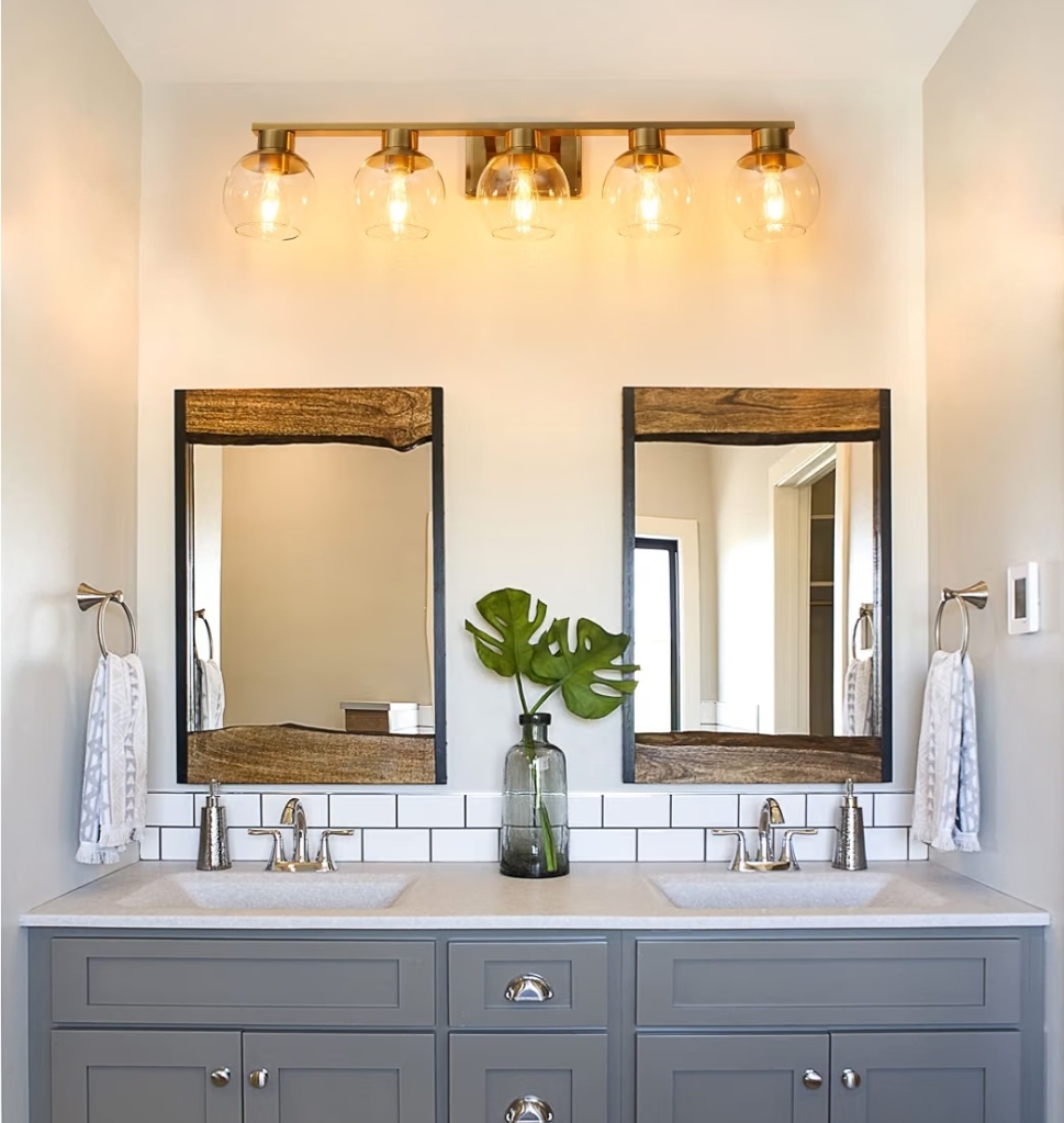 Brushed Brass Bathroom Light Fixtures Over Mirror 5-Lights Vanity Light Wall Sconce with Globe Glass Shade, Brushed Gold - Image 4