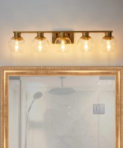 Brushed Brass Bathroom Light Fixtures Over Mirror 5-Lights Vanity Light Wall Sconce with Globe Glass Shade, Brushed Gold
