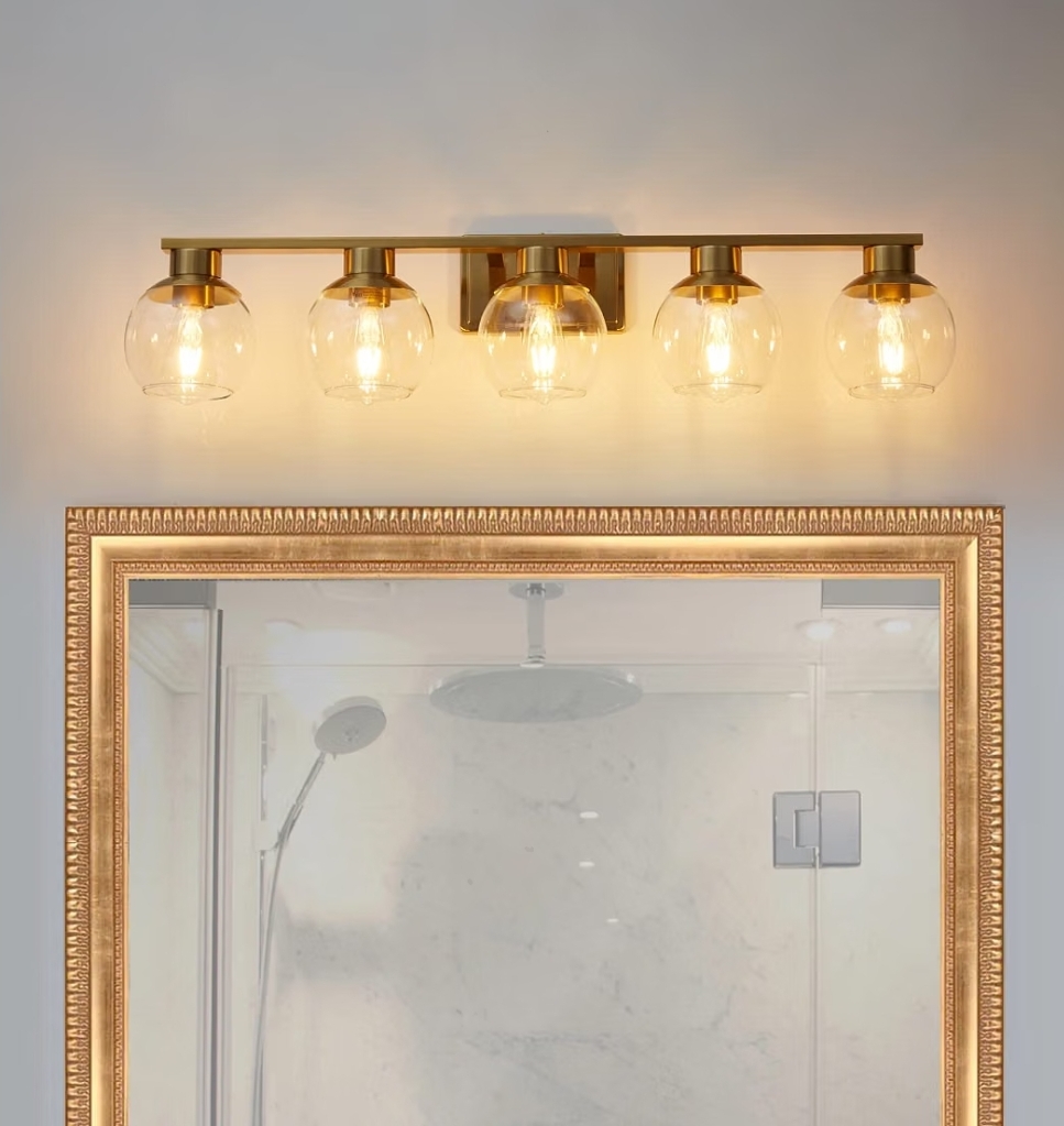 Brushed Brass Bathroom Light Fixtures Over Mirror 5-Lights Vanity Light Wall Sconce with Globe Glass Shade, Brushed Gold