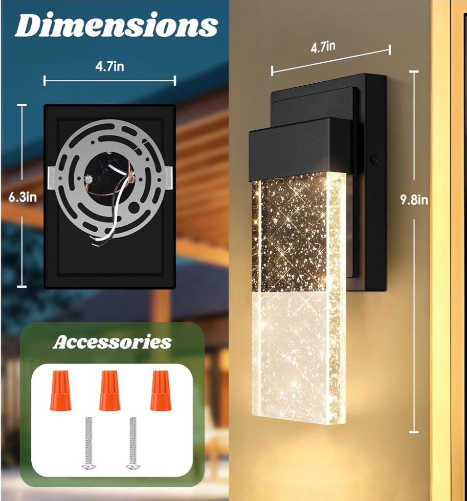 Outdoor Wall Light Fixtures with Crystal Bubble Glass, 10W 3000K, Black - Image 8