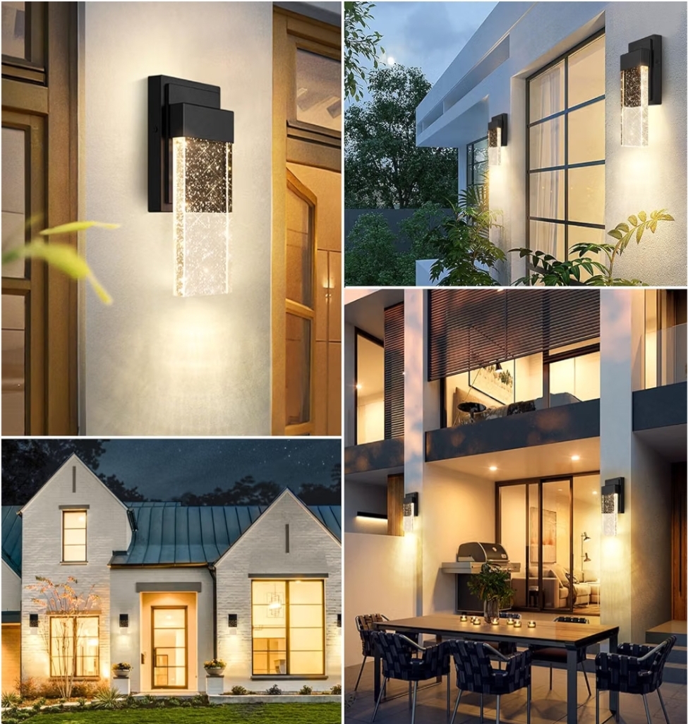 Outdoor Wall Light Fixtures with Crystal Bubble Glass, 10W 3000K, Black - Image 9