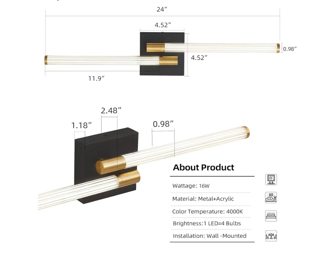 24 inch LED Black and Gold Vanity Lights Bar Modern Wall Sconce - Image 2