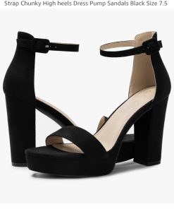 Women's Platform Heels 4 Inches Open Toe Ankle Strap Chunky High heels Dress Pump Sandals Black Shoe Size 7.5