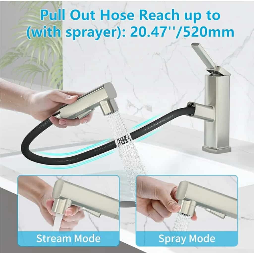 Pull Out Single Hole Bathroom Faucet, 3 Spray Mode Single Handle Bathroom Faucet One hole - Image 9
