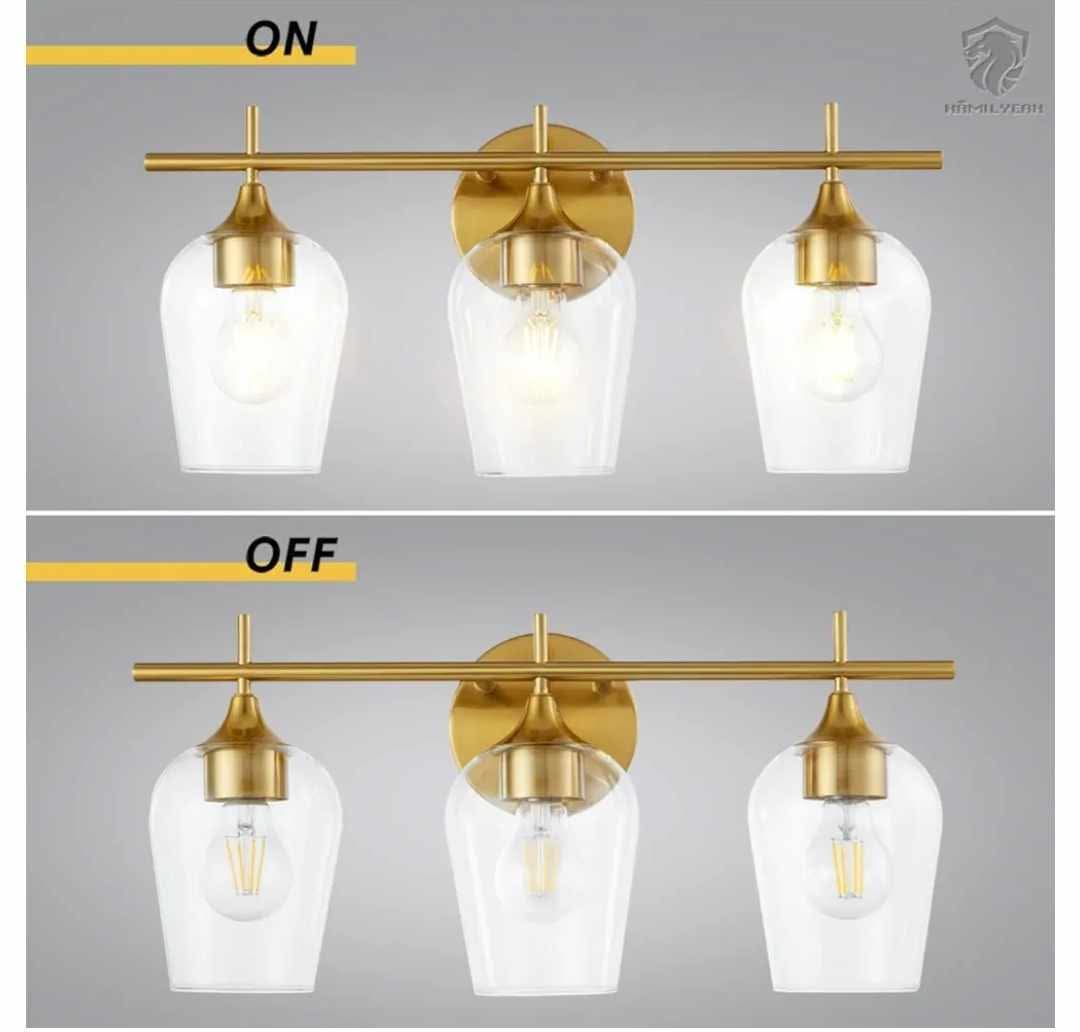 3 Light Vanity Lighting Champagne Brass, Modern Wall Mount Lighting with Glass Shade - Image 11