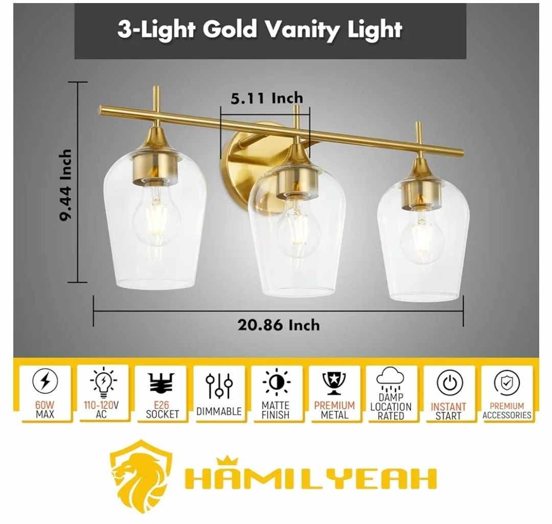 3 Light Vanity Lighting Champagne Brass, Modern Wall Mount Lighting with Glass Shade - Image 8