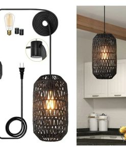 Plug in Pendant Light Rattan Hanging Lights with Plug in Cord 15ft Dimmable Cotton Cord Wicker Boho Hanging Lamps