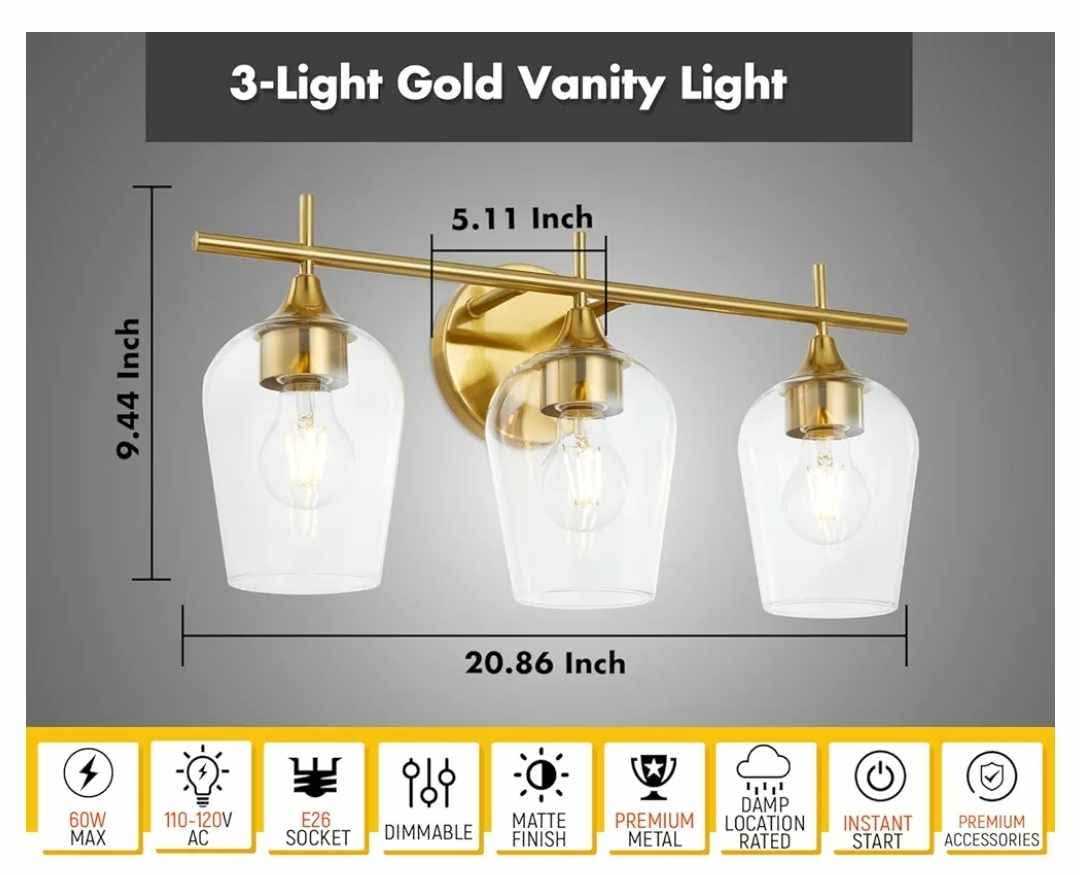 3 Light Vanity Lighting Champagne Brass, Modern Wall Mount Lighting with Glass Shade - Image 3