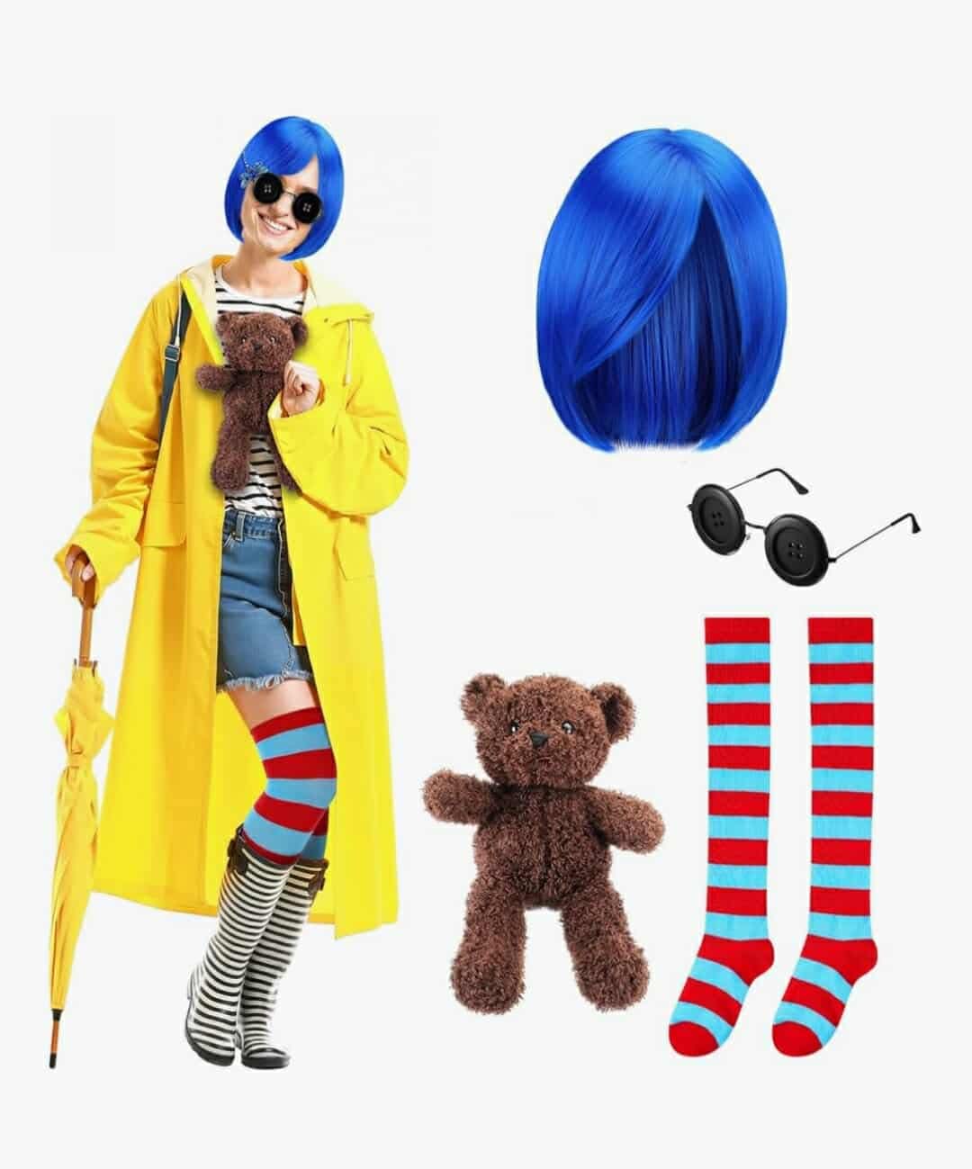 5 Pcs Women Cosplay Wig Blue Short Straight Hair Wig Red Blue Stocking Bear Doll Button Glasses, Coraline Jones