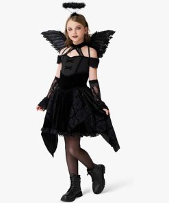 Spooktacular Creations Halloween Child Girl Black Angel Short Dress Costume, Kids Fallen Angel Outfit for Role Play Parties, XXL