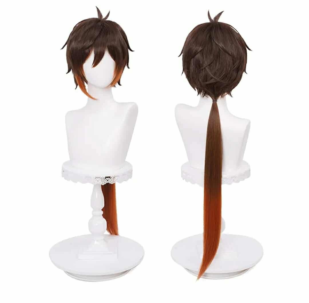 Brown Wig for Zhongli Cosplay Costume Anime Spiky Fluffy Cosplay Hair Wigs with Ponytails + Cap Long - Image 3