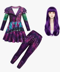 Disney Descendants Mal Costume Girls Zipper Jacket and Pants Costumes with Wig Princess Halloween Dress Up Outfits, 3T-4T