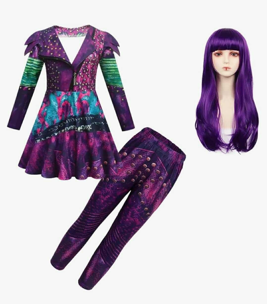 Disney Descendants Mal Costume Girls Zipper Jacket and Pants Costumes with Wig Princess Halloween Dress Up Outfits, 3T-4T
