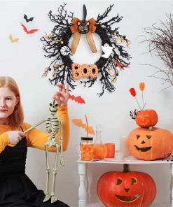 Alternative view of Halloween Wreaths for Front Door, 18Inch Halloween Wreath with Black Cat Boo Sign White Pumpkin and Ghost for Indoor Outdoor Window Proch Halloween Decoration