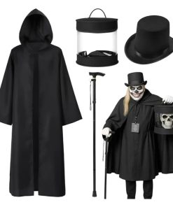 4pcs Halloween Adult Ghost Costume Cosplay for Men Full Set Haunted Hat Costume Outfits with Black Cape, Black Magician Hat, Large Felt Box, Cane for Outfit Party